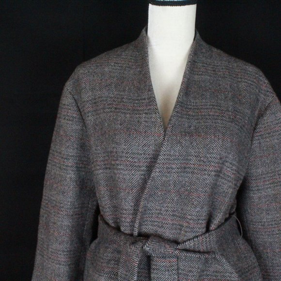 NWT ZARA XS WOOL LAPEL BELTED PATTERNED HERRINGBONE LONG COAT - Picture 3 of 12